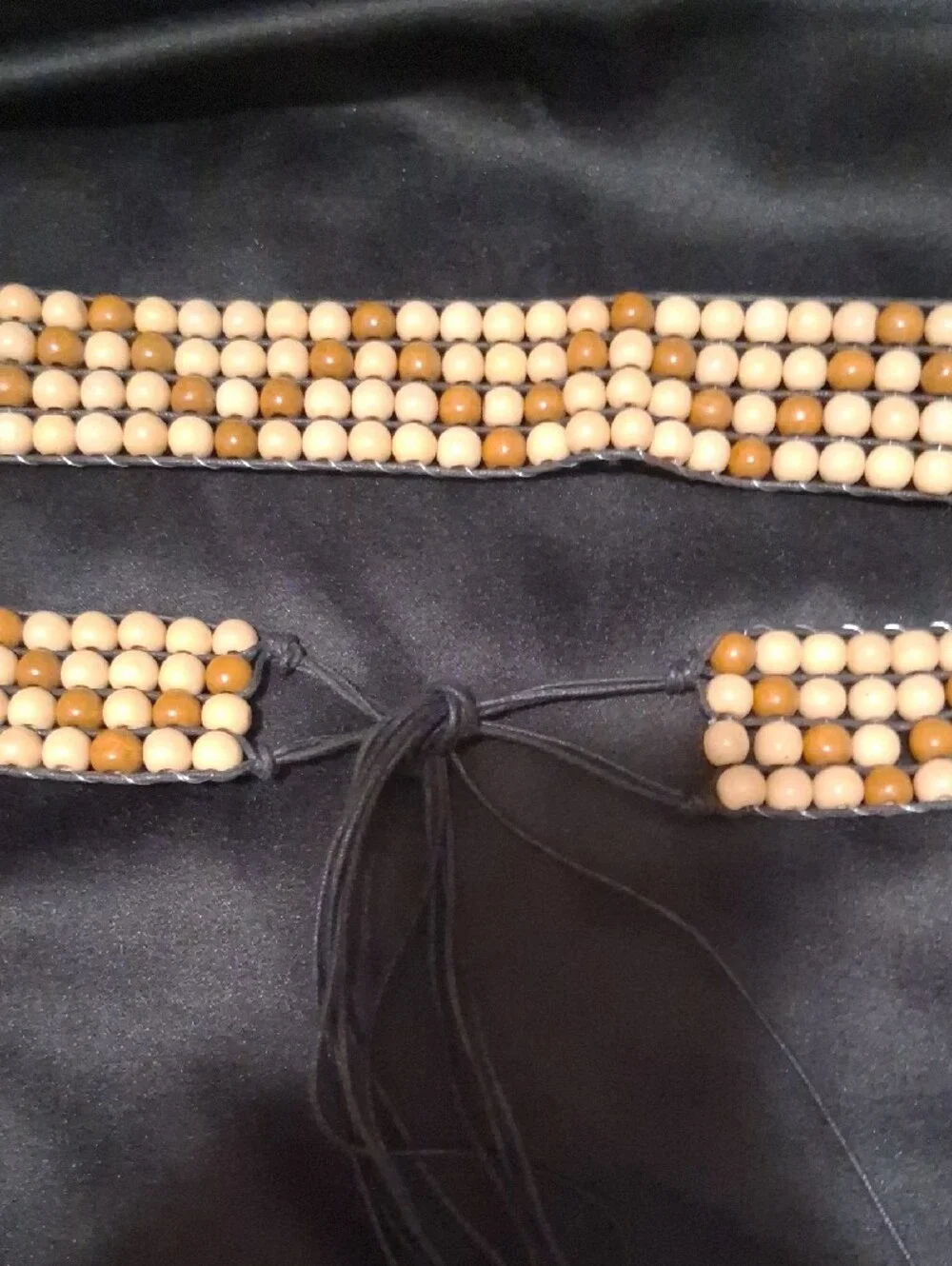 Wood Beaded Belt with Black Cord Tie - 36+ Inches